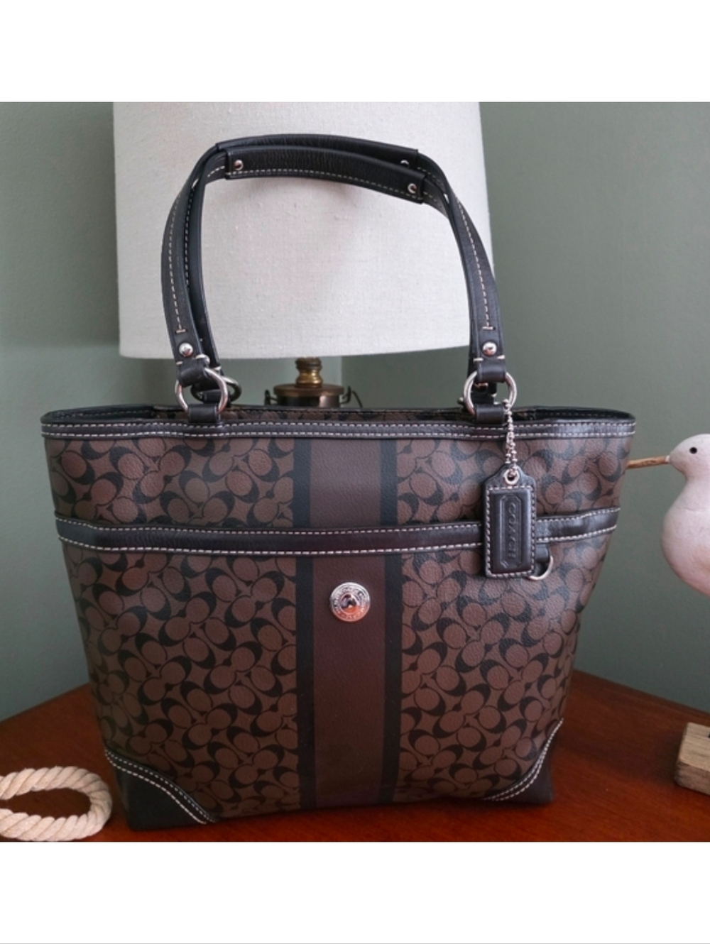 Coach F15137 Chelsea Signature Stripe Brown Coated Canvas Tote Bag